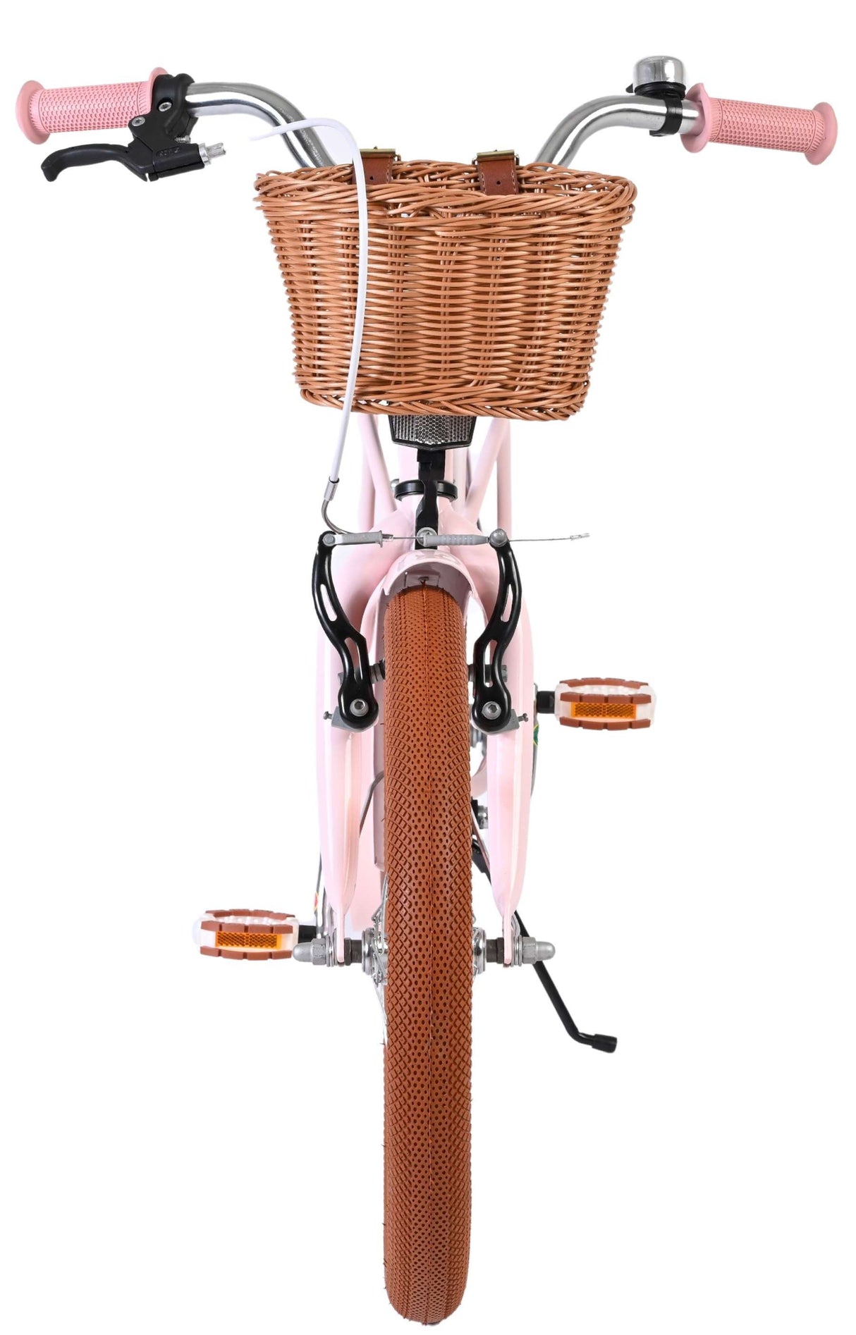 Rosa Fahrrad mit Korb, braunen Reifen und Griffen in Pastellfarbe