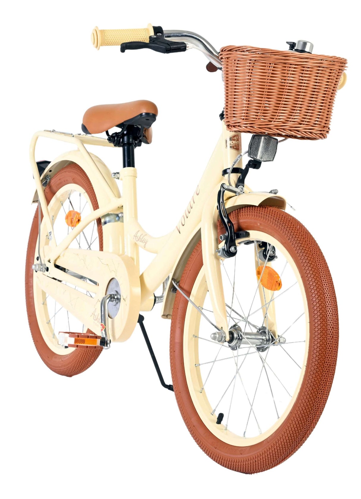 Kinderfahrrad in Creme mit Korb und braunen Reifen