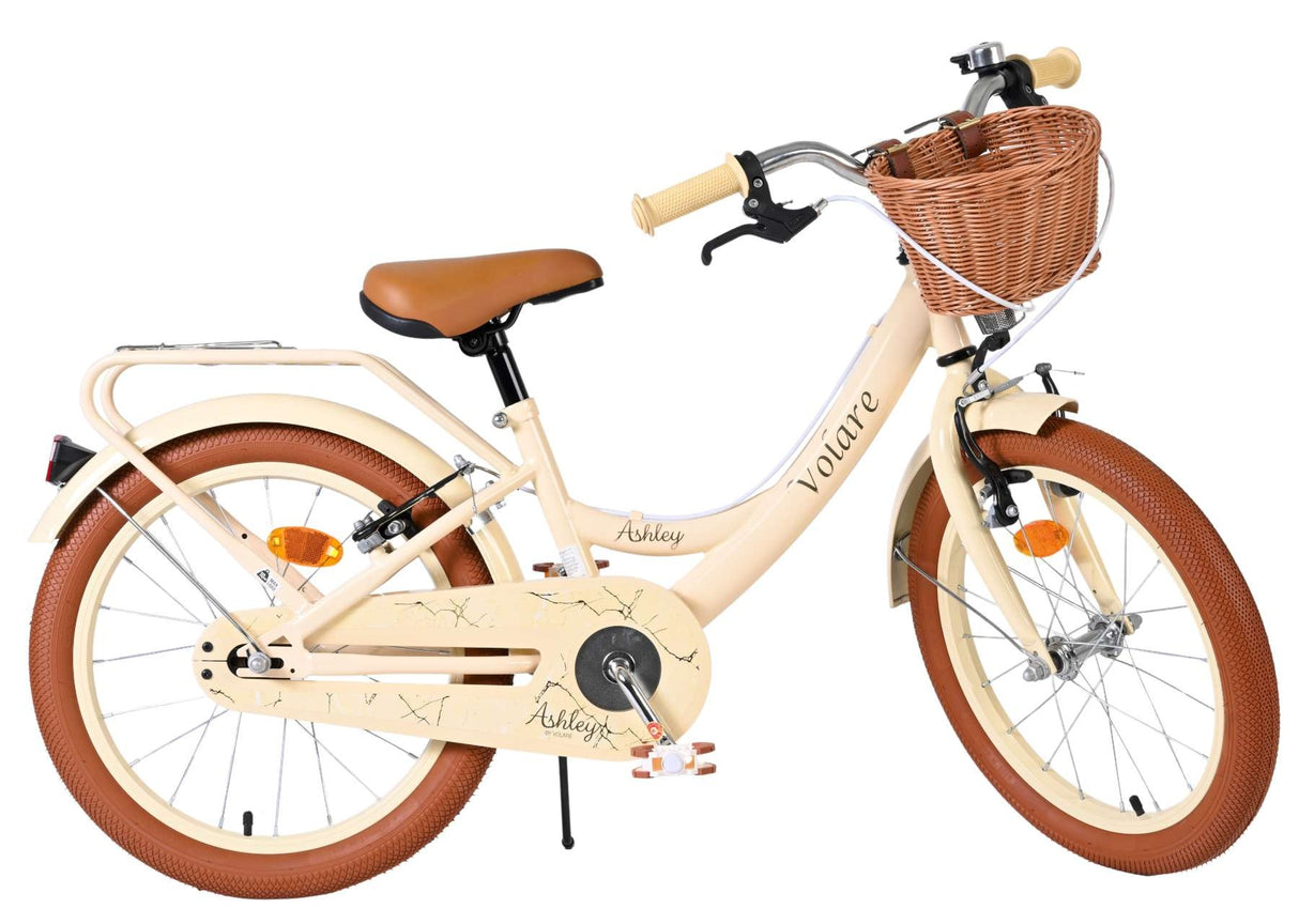Beige Damenfahrrad mit Korb, braunem Sattel und dicken Reifen