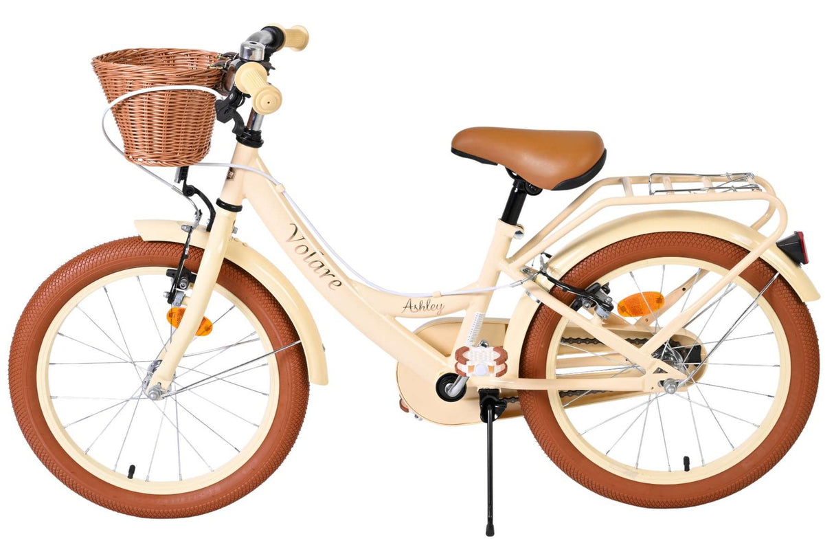 Beige Kinderfahrrad mit Korb, braunem Sattel und dicken Reifen