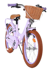 Lila Kinderfahrrad mit Korb und braunen Reifen, gepolsterter Sitz