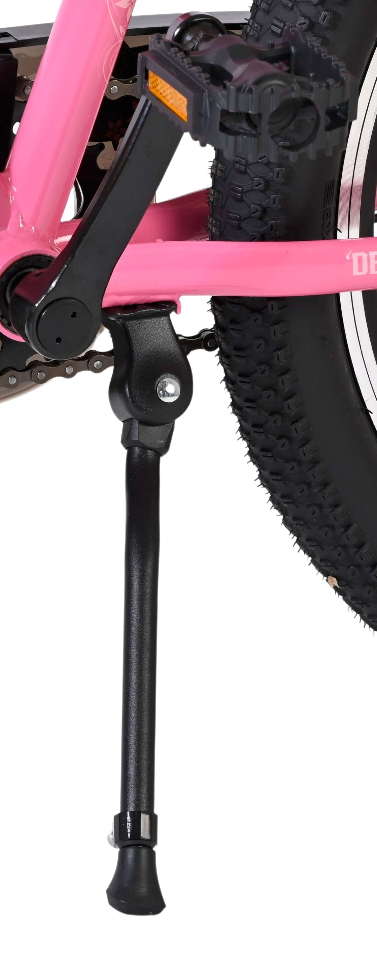 Schwarzer Fahrradständer an pinkem Fahrradrahmen montiert
