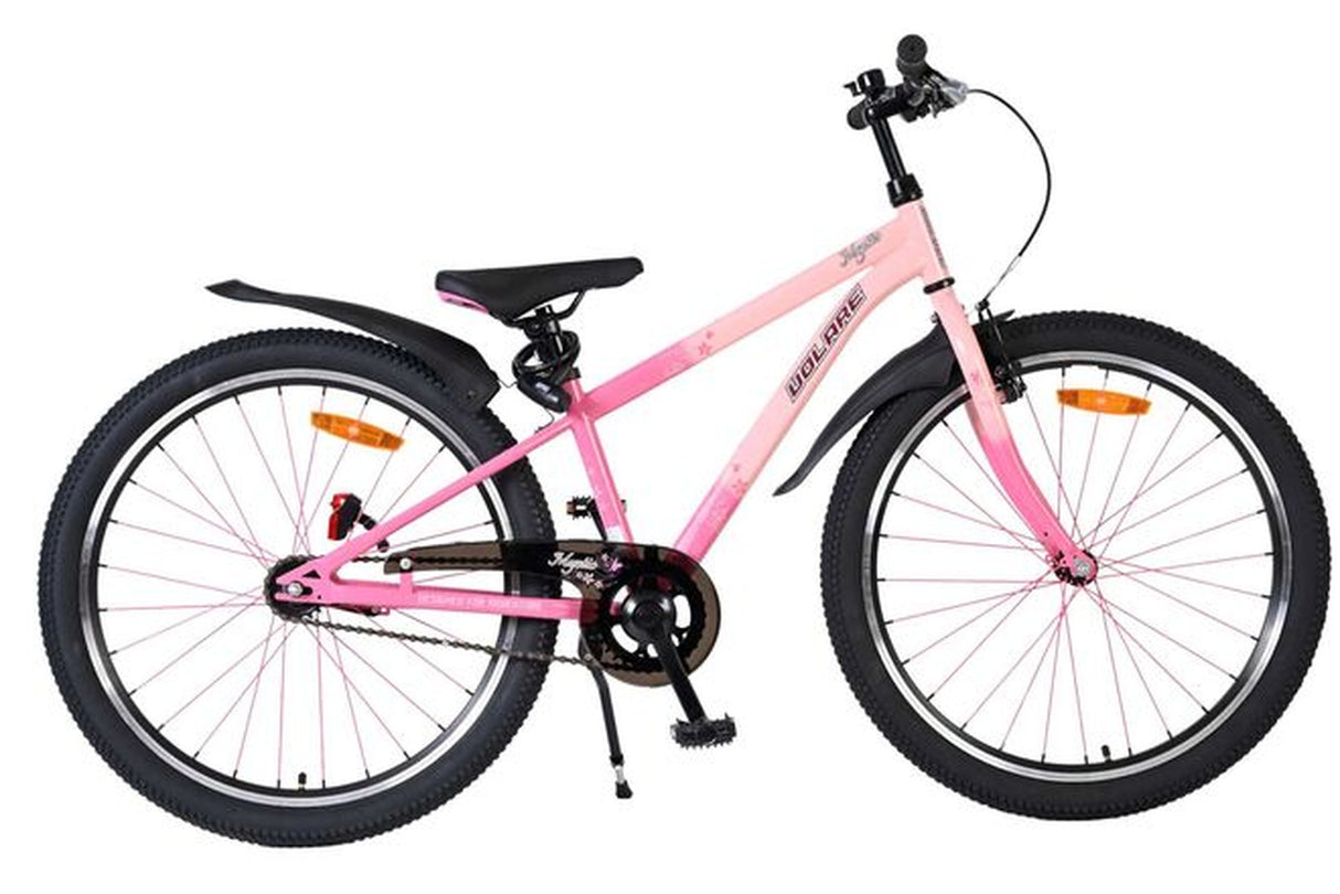 Rosa Mountainbike mit breiten Reifen und einfacher Gangschaltung