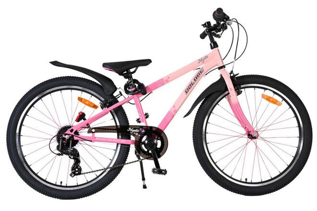 Rosa Mountainbike mit schwarzem Sattel und Reifen, 21-Gang-Schaltung