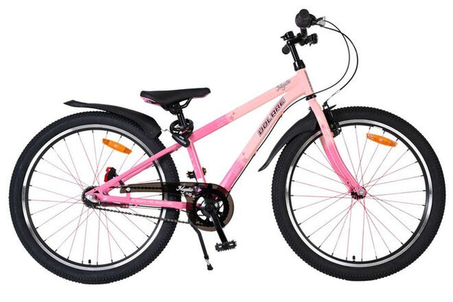 Rosa Mountainbike mit breiten Reifen und schwarzem Sattel
