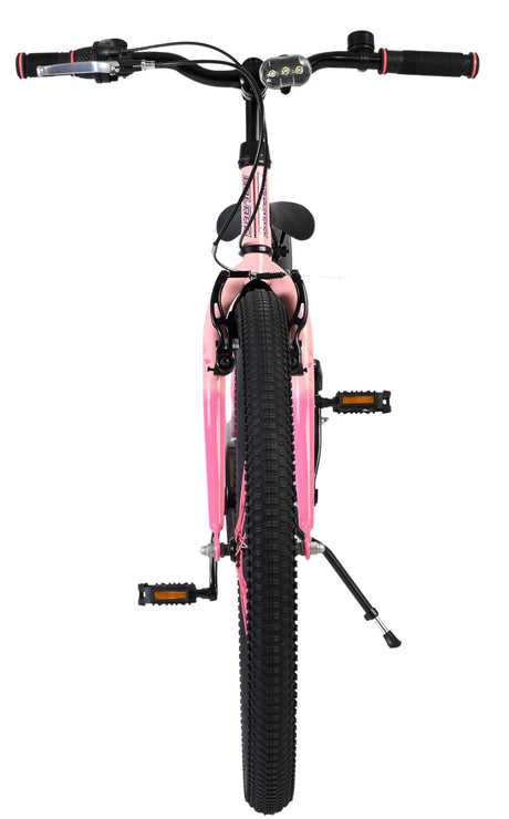 Rosa Mountainbike mit breiten Reifen und schwarzen Griffen von vorne gesehen