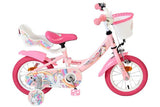 Rosa Kinderfahrrad mit Einhorn-Motiv und Korb vorne