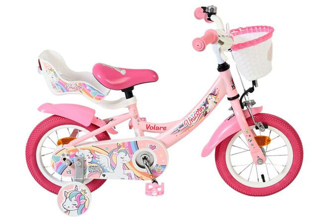 Rosa Kinderfahrrad mit Einhorn-Motiv und Korb vorne