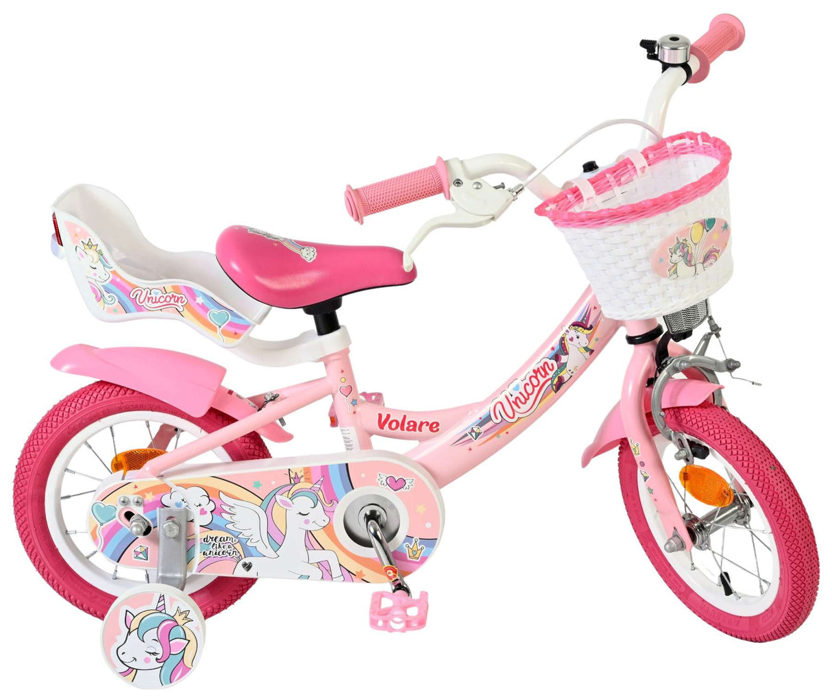 Rosa Kinderfahrrad mit Einhorn-Motiv und Korb vorne