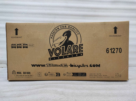 Kartonverpackung für ein Fahrrad mit Logo und Gewichtshinweis