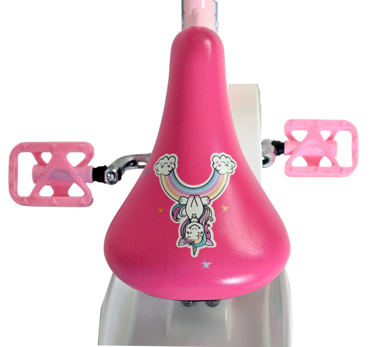 Rosa Fahrradsattel mit Einhorn-Design und Regenbogenmotiv