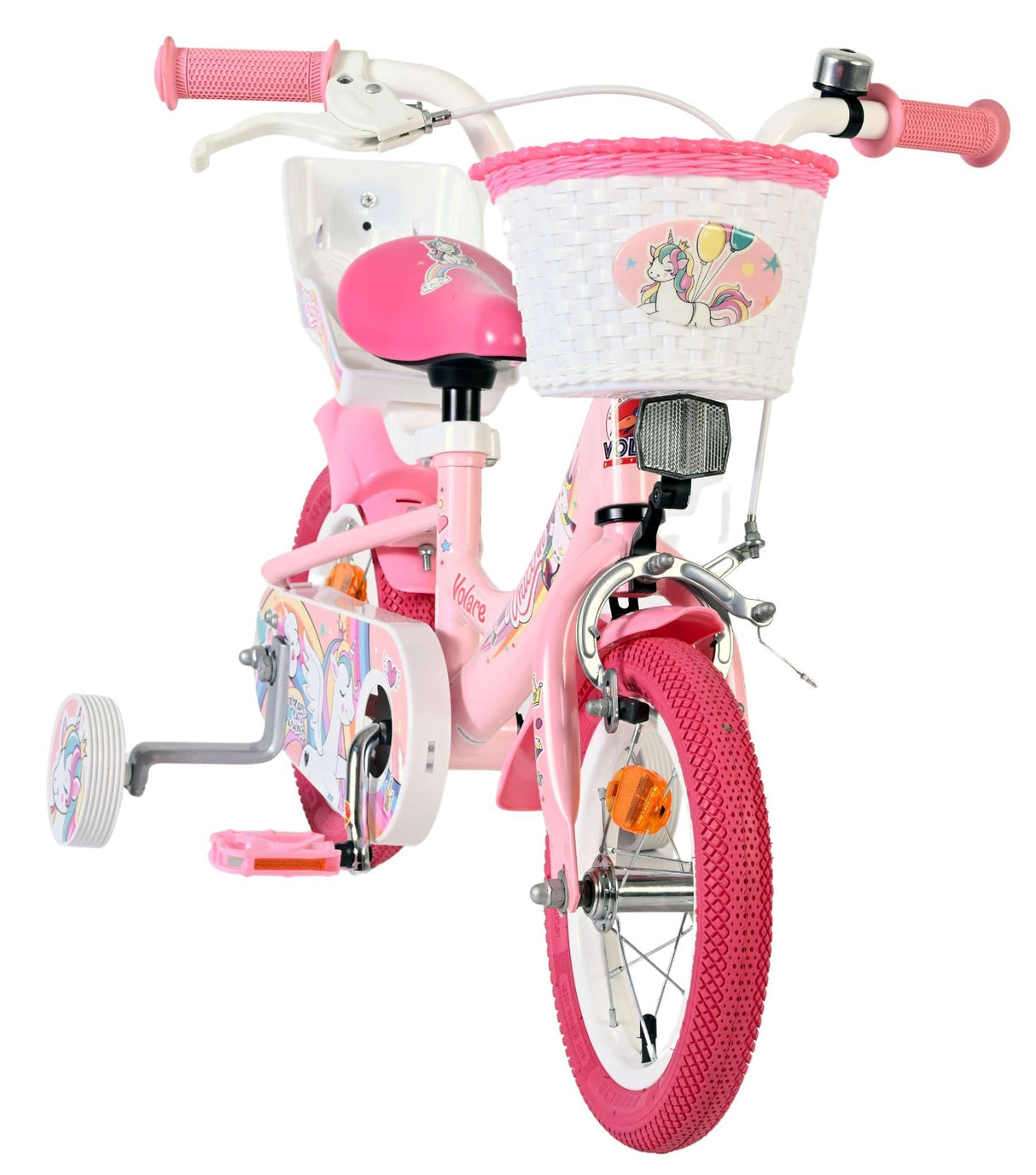 Rosa Kinderfahrrad mit Korb und Einhorn-Motiv, zwei Rädern und Stützrädern