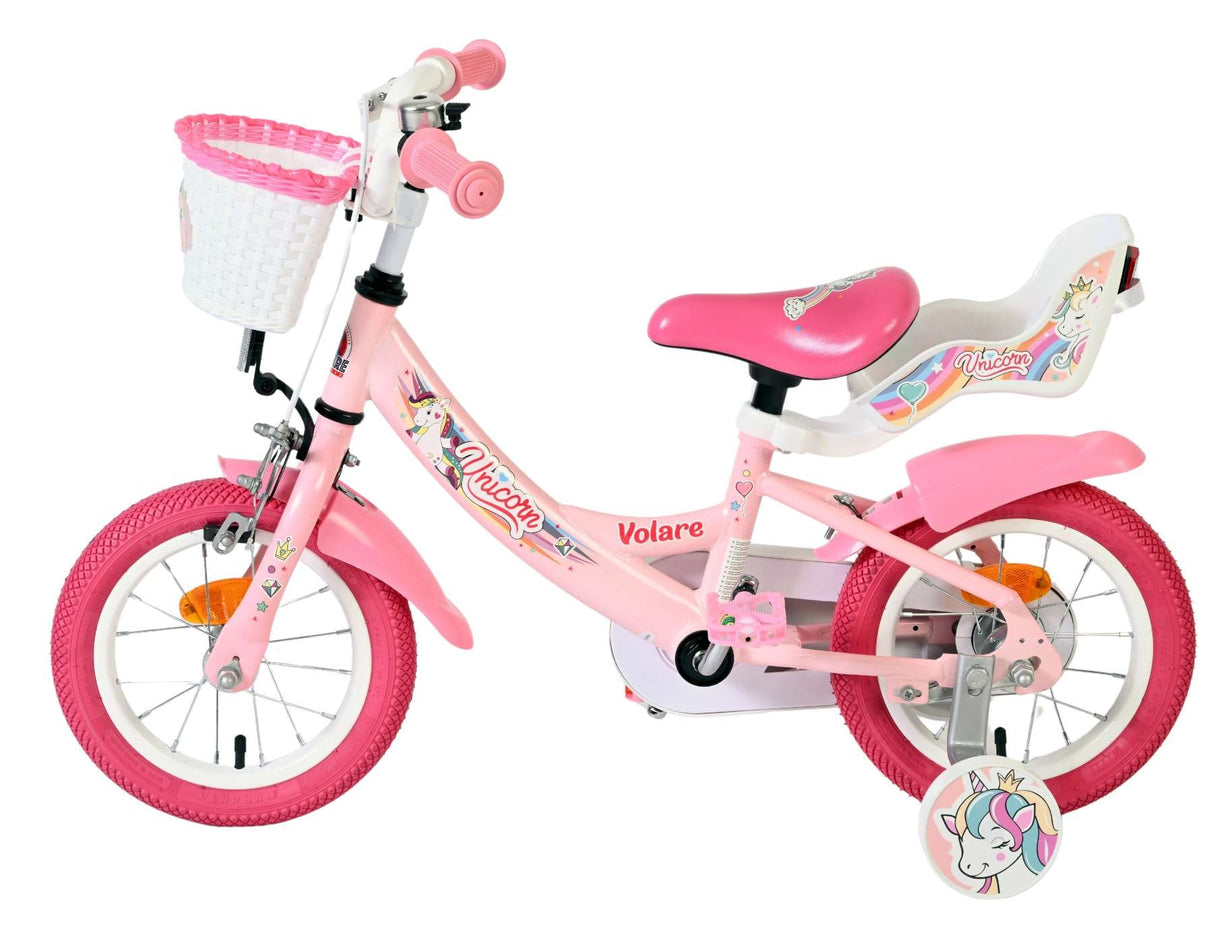 Rosa Kinderfahrrad mit Einhornmotiv und Korb vorne