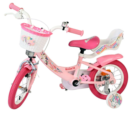 Rosa Kinderfahrrad mit Einhorn-Motiv und Korb vorne