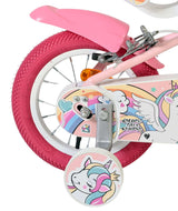 Rosa Kinderfahrrad mit Einhorn-Motiv und Stützrädern