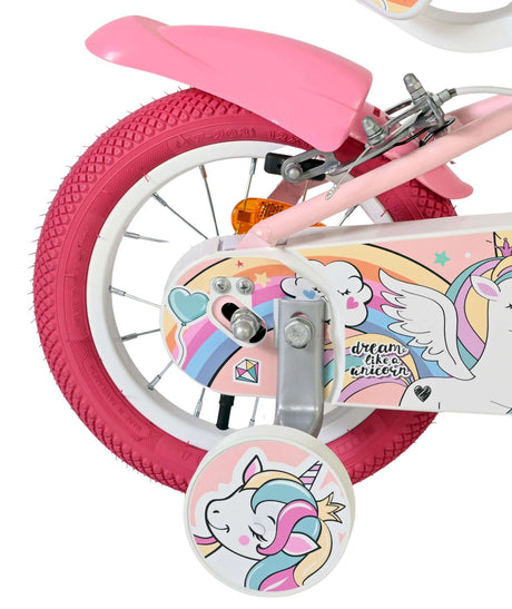 Rosa Kinderfahrrad mit Einhorn-Motiv und Stützrädern