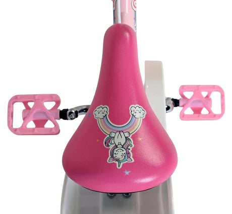 Rosa Kinderfahrradsattel mit Einhorn-Design und Regenbogenmotiv