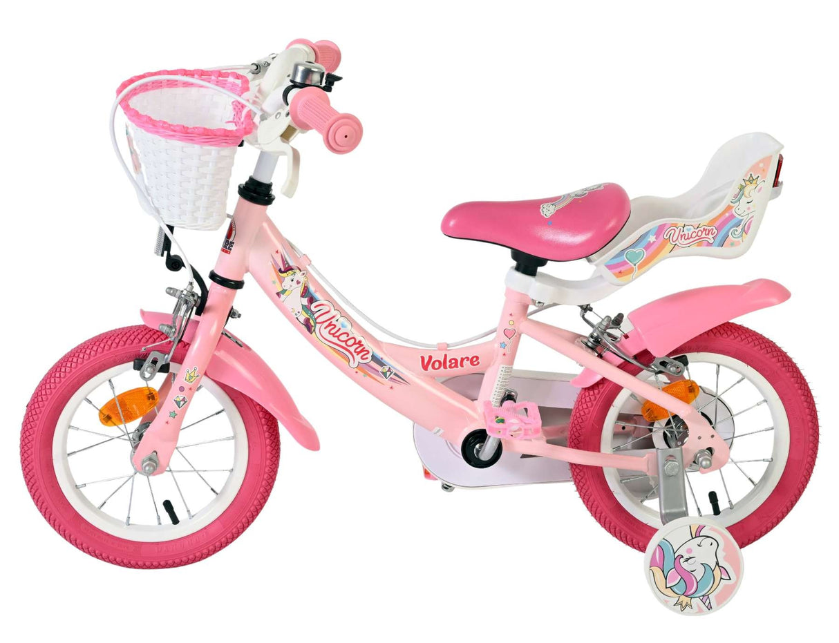 Rosa Kinderfahrrad mit Korb und Einhorn-Motiv, 12 Zoll Räder