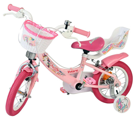 Rosa Kinderfahrrad mit Korb und Einhorn-Motiv, 12 Zoll Reifen