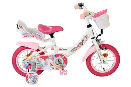 Kinderfahrrad in Weiß und Pink mit Einhorn-Motiv und Korb