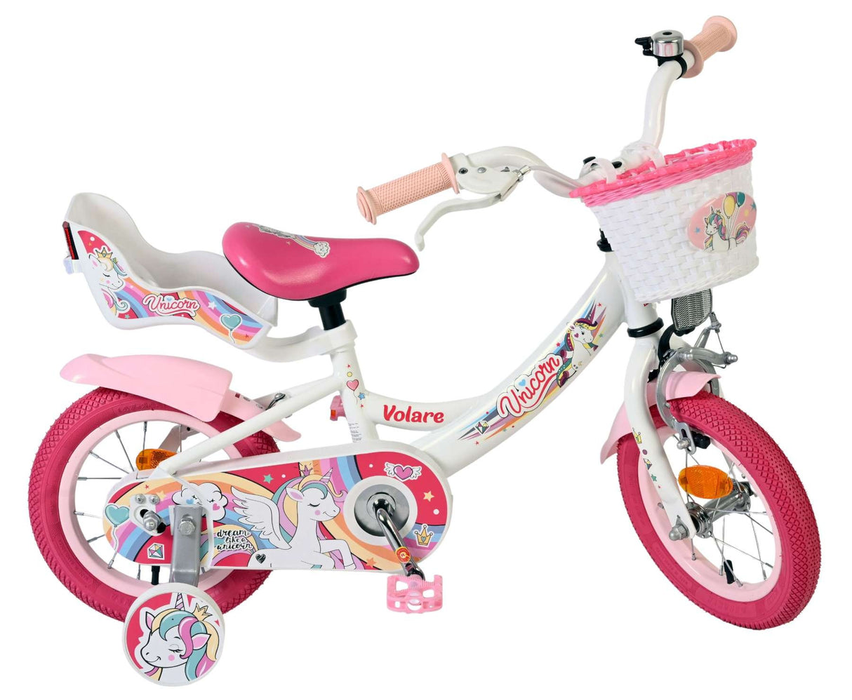 Volare Unicorn Kinderfahrrad – Mädchen – 12 Zoll – Weiß – mit Stützrädern, Korb, Puppensitz und Rücktrittbremse