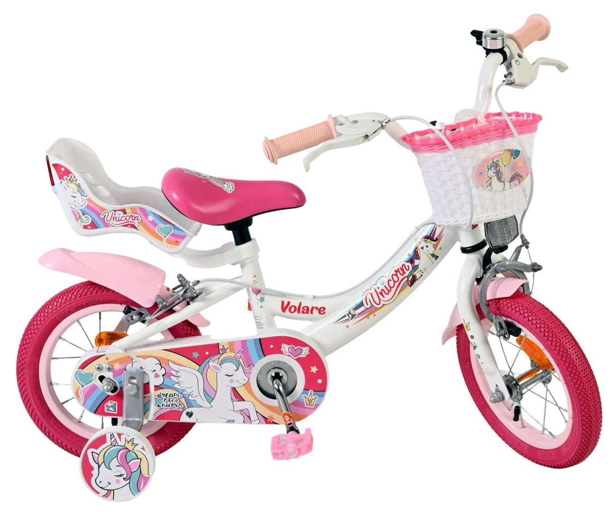 Kinderfahrrad mit Einhorn-Motiv, pinken Akzenten und Korb vorne