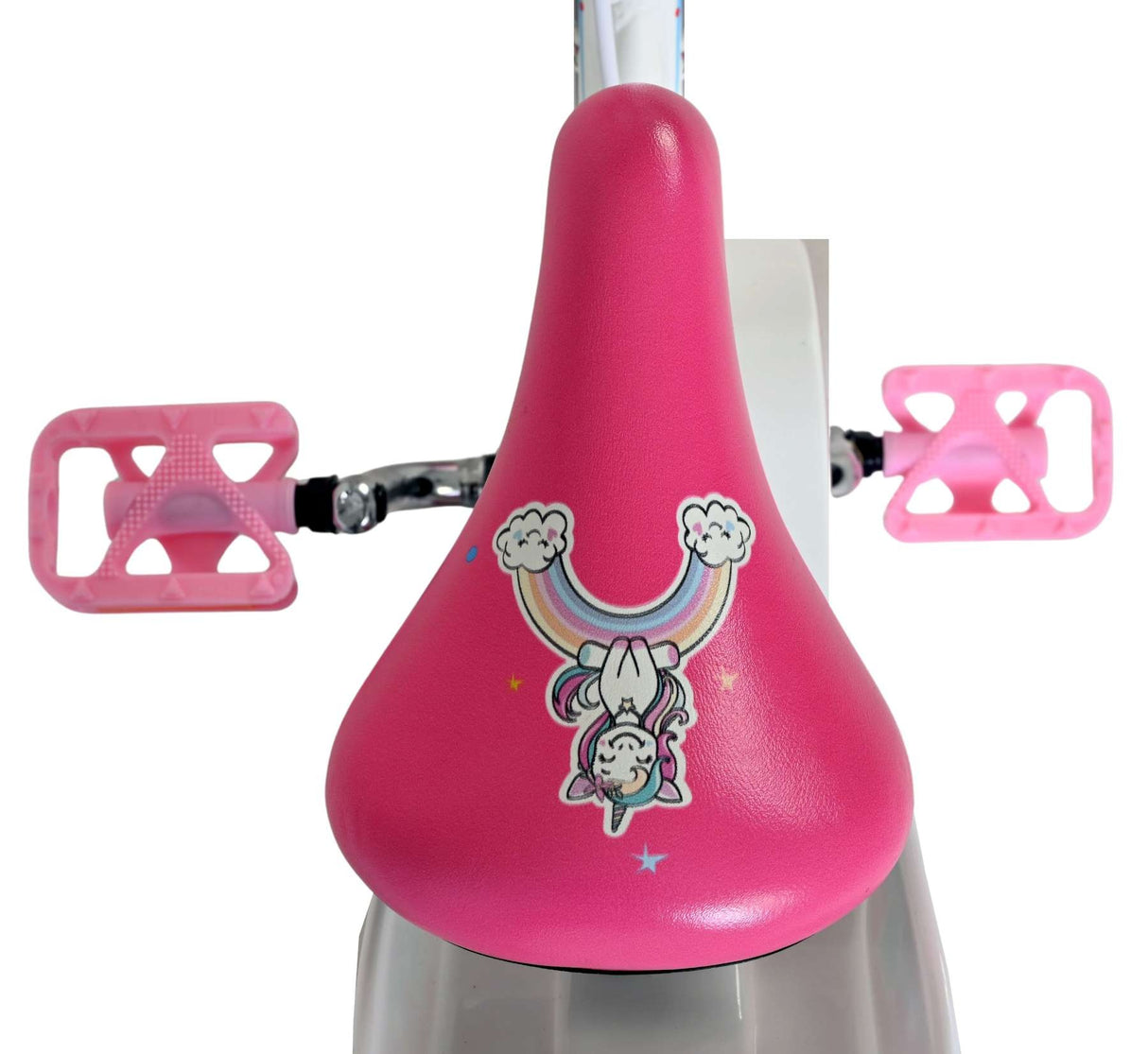 Rosa Fahrradsattel mit Einhorn-Design und Regenbogenmotiv