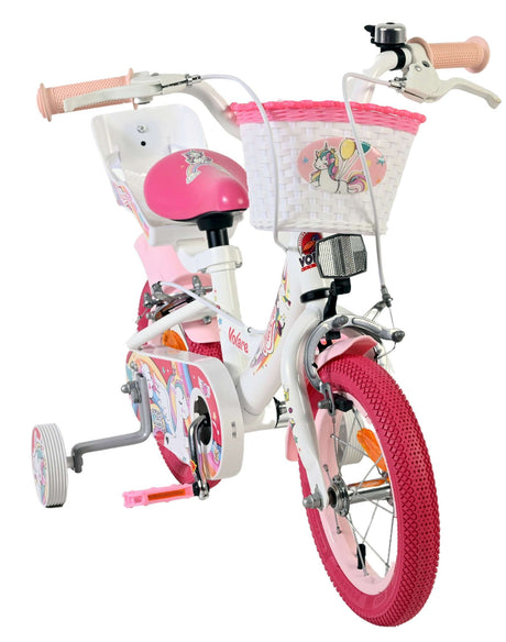 Kinderfahrrad in Weiß und Pink mit Einhorn-Motiv und Korb