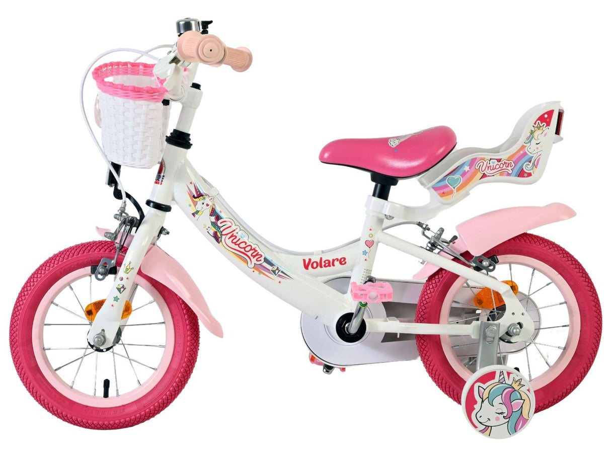 Kinderfahrrad in Weiß und Pink mit Korb und Einhorn-Motiv