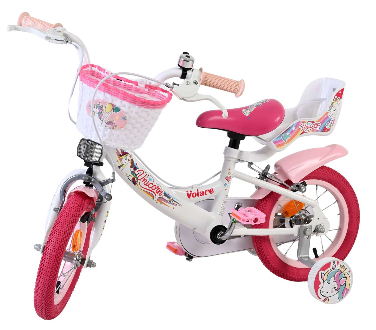 Kinderfahrrad mit Einhorn-Motiv, pinken Reifen und Korb vorne