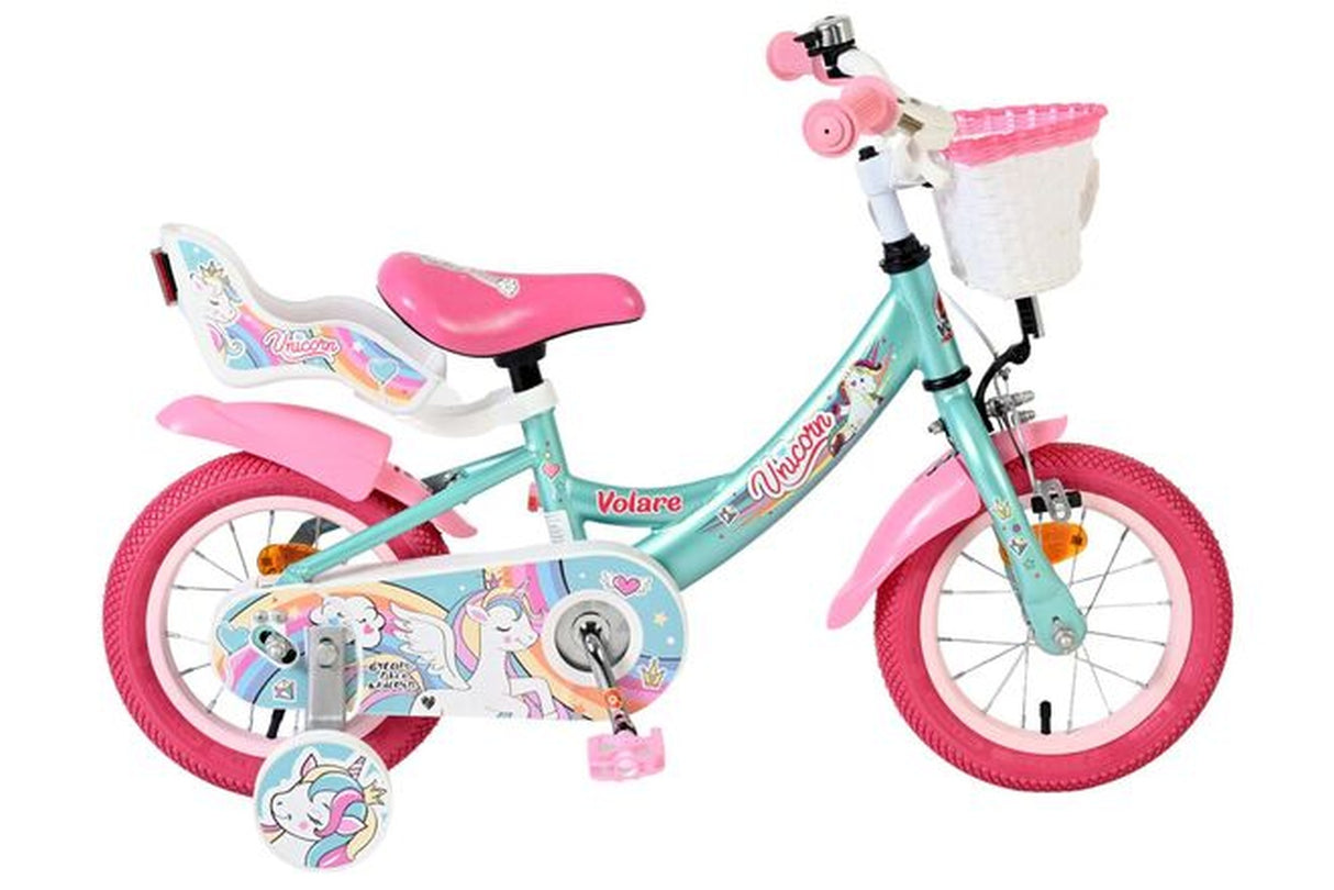 Kinderfahrrad in Mintgrün und Pink mit Einhorn-Motiv und Korb