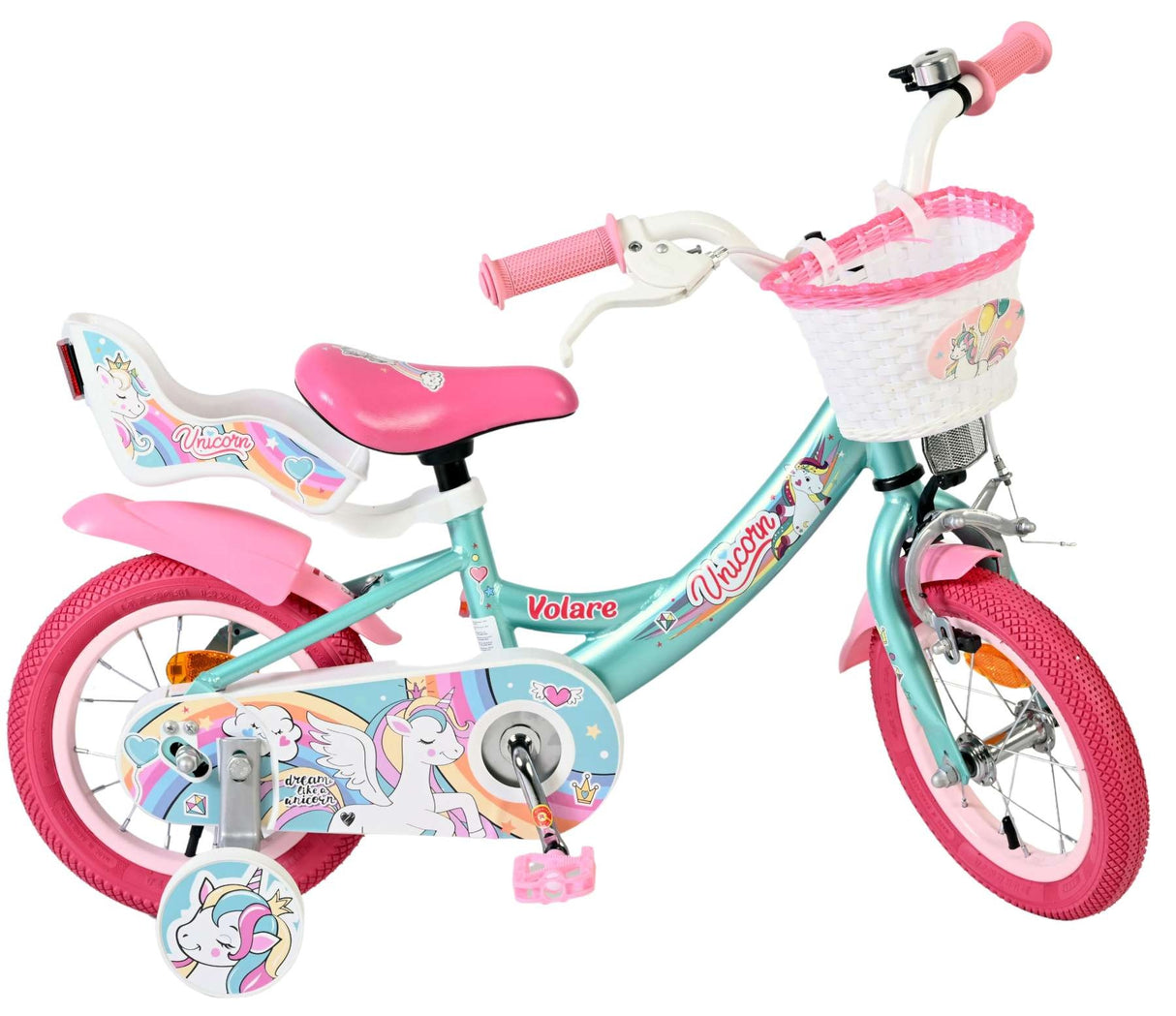 Kinderfahrrad in Türkis und Pink mit Einhorn-Motiv und Korb