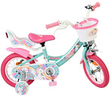 Kinderfahrrad in Türkis und Pink mit Einhorn-Motiv und Korb