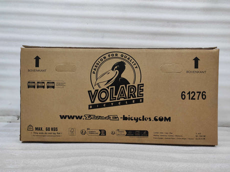 Kartonverpackung für ein Fahrrad mit Logo und Gewichtsangabe