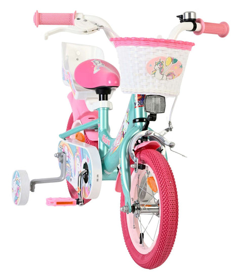 Kinderfahrrad in Pink und Türkis mit Einhorn-Motiv und Korb