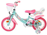 Kinderfahrrad in Mintgrün mit pinken Akzenten und Korb vorne