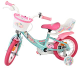 Kinderfahrrad in Türkis und Pink mit Korb und Einhornmotiv