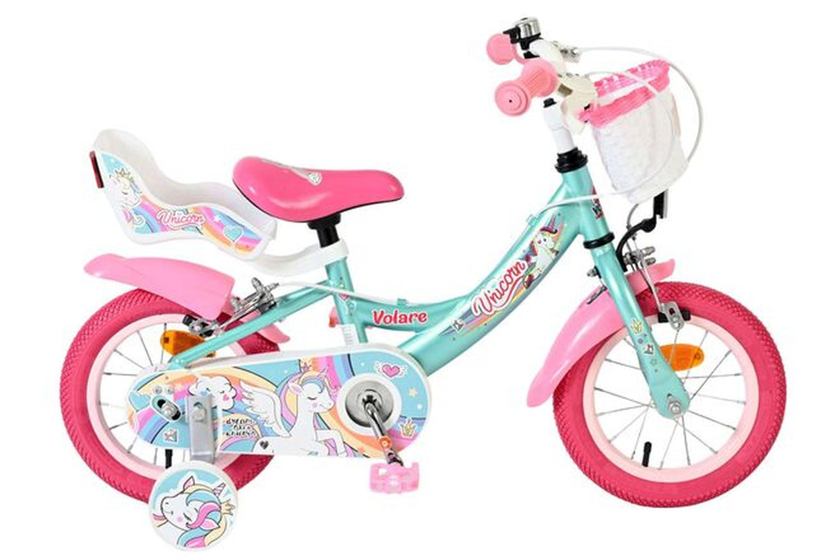 Kinderfahrrad in Türkis und Pink mit Einhorn-Motiv und Korb