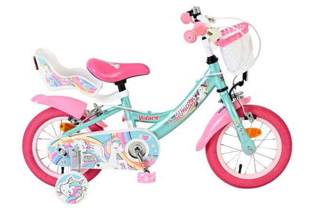 Kinderfahrrad in Türkis und Pink mit Einhorn-Motiv und Korb