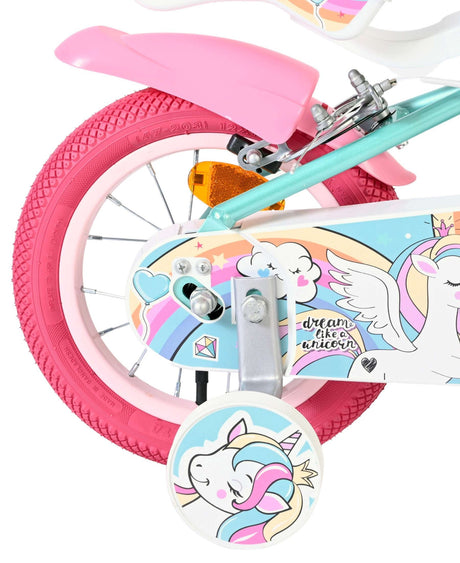 Buntes Kinderfahrrad mit Einhorn-Motiv und pinken Reifen