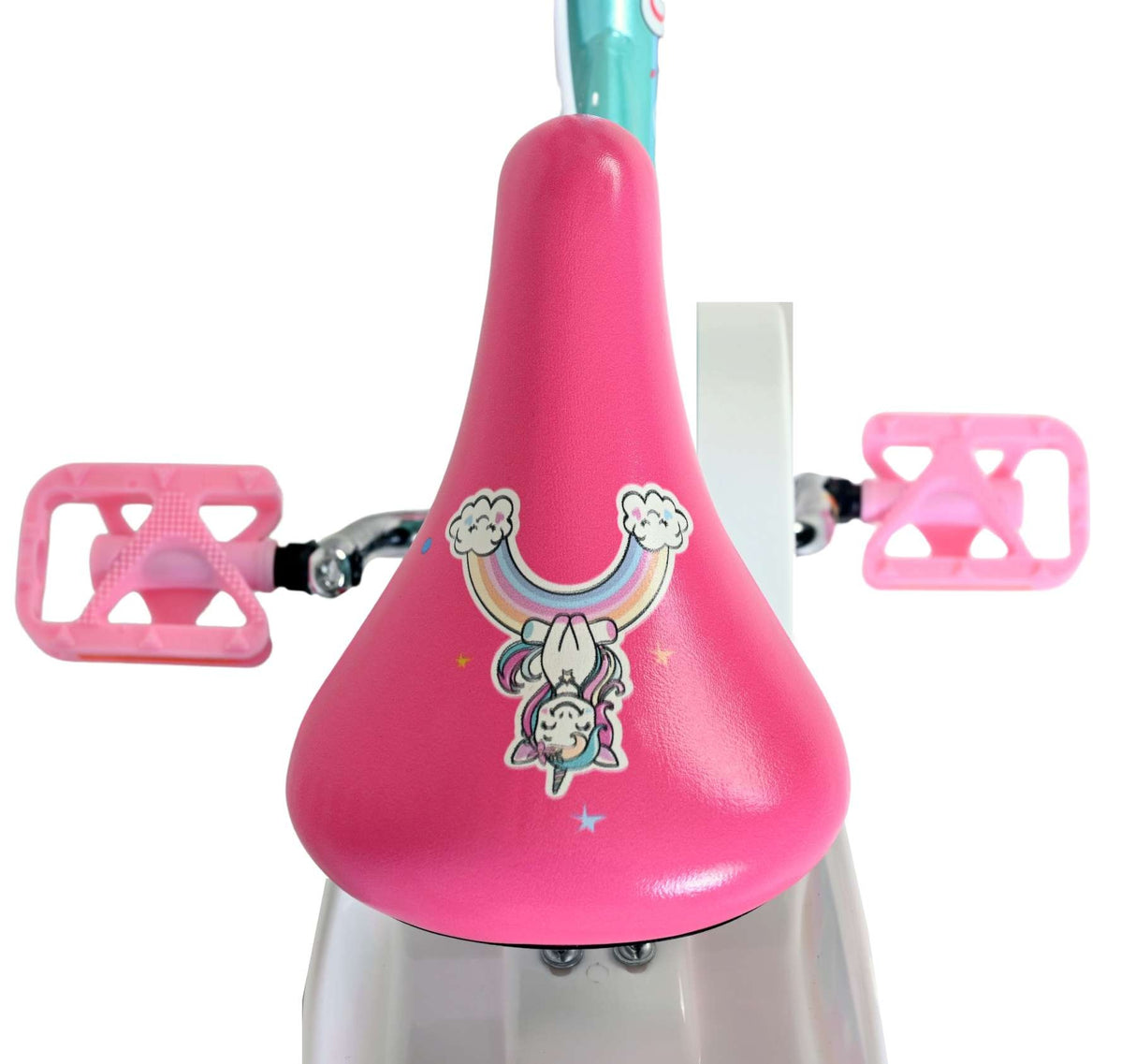 Rosa Fahrradsattel mit Einhorn-Design und Regenbogenmotiv
