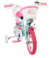 Kinderfahrrad in Türkis und Pink mit Korb und Einhorn-Motiv