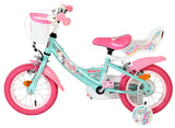 Kinderfahrrad in Mintgrün und Pink mit Einhorn-Motiv und Korb
