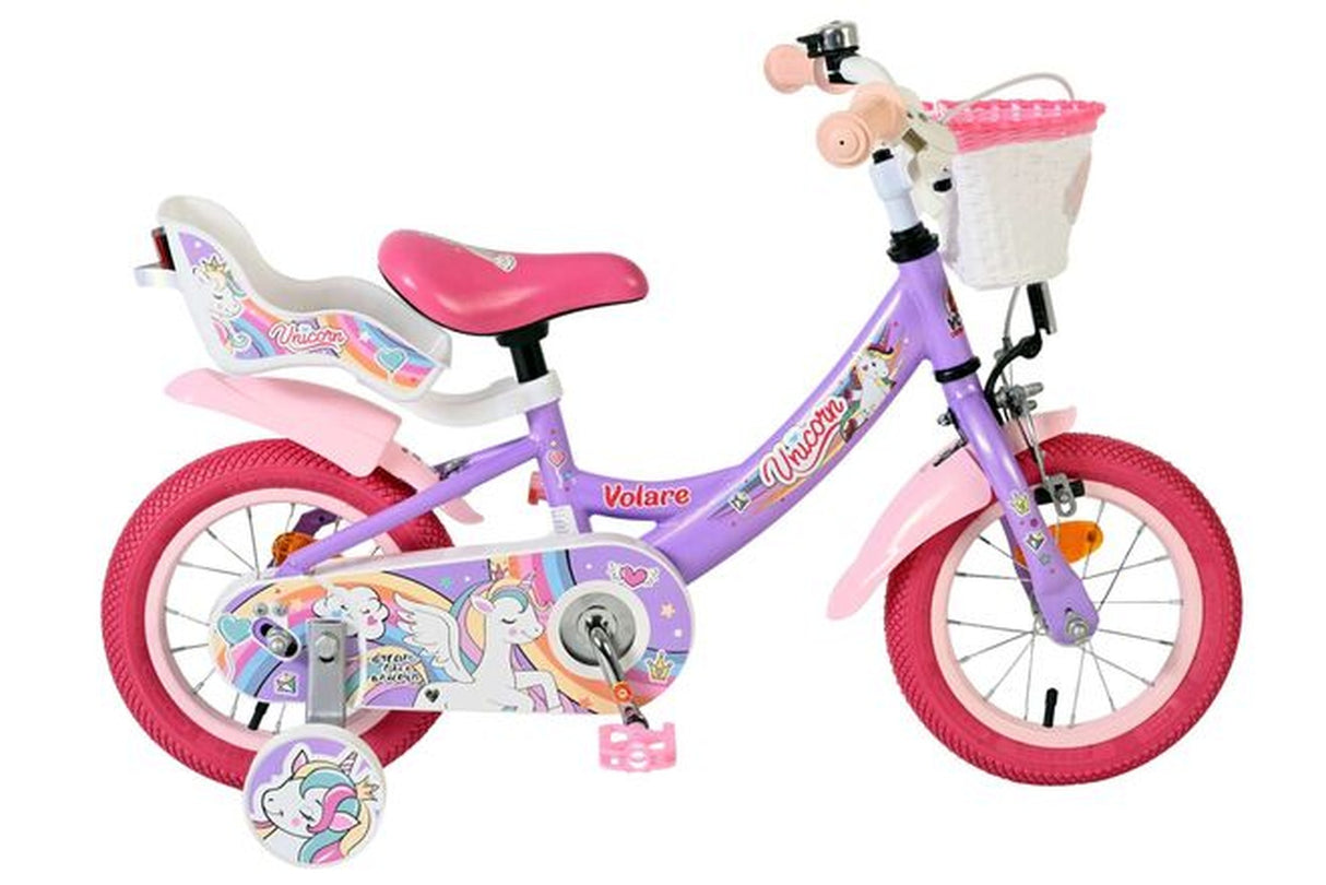 Lila Kinderfahrrad mit Einhorn-Motiv und pinken Reifen und Korb