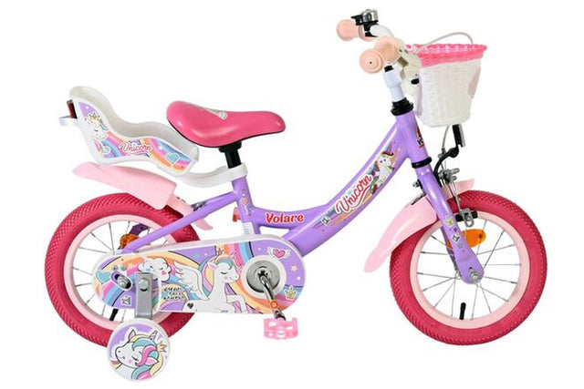 Lila Kinderfahrrad mit Einhorn-Motiv und pinken Reifen und Korb