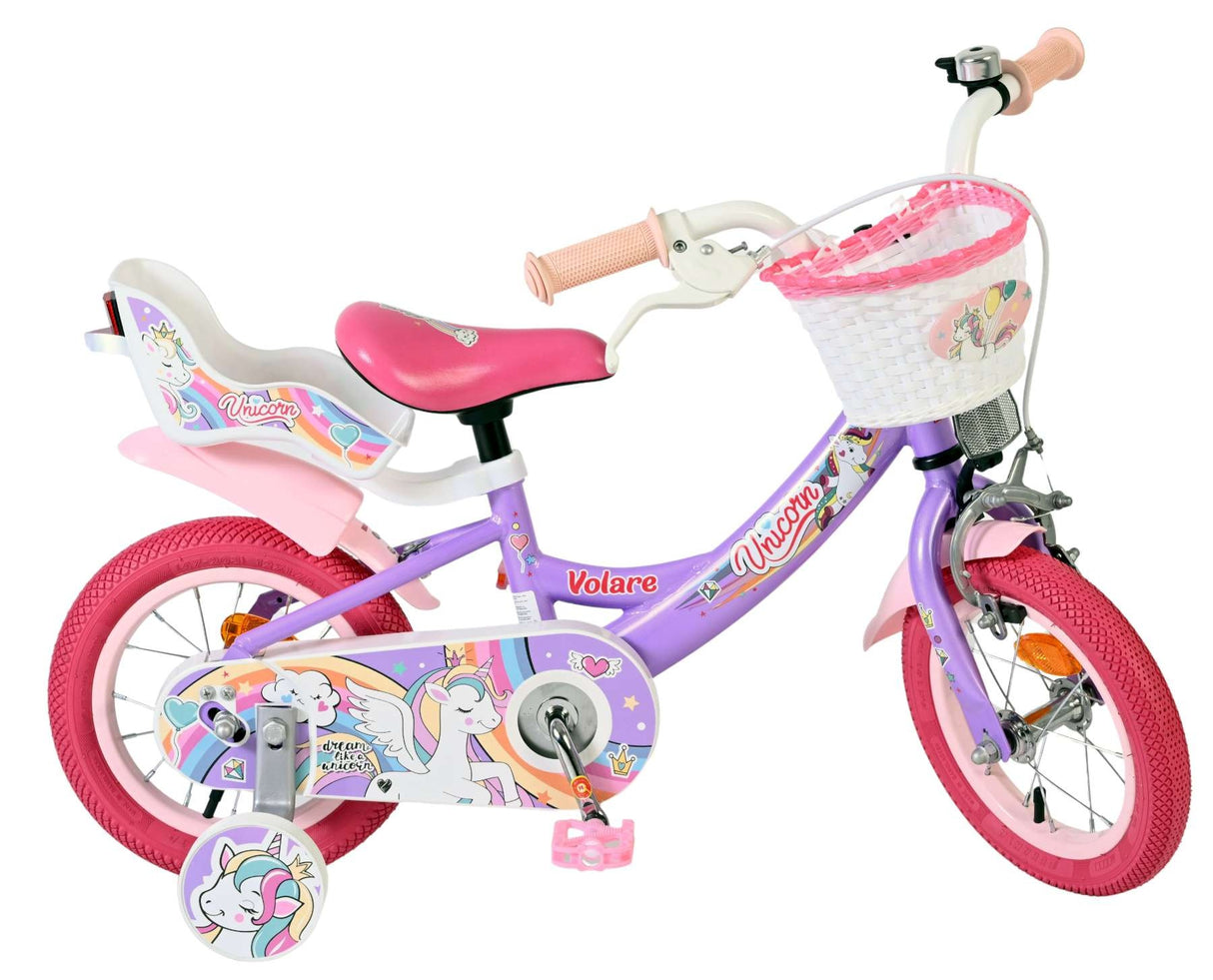 Kinderfahrrad in Lila mit Einhorn-Motiv und Korb vorne