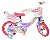 Kinderfahrrad in Lila mit Einhorn-Motiv und Korb vorne