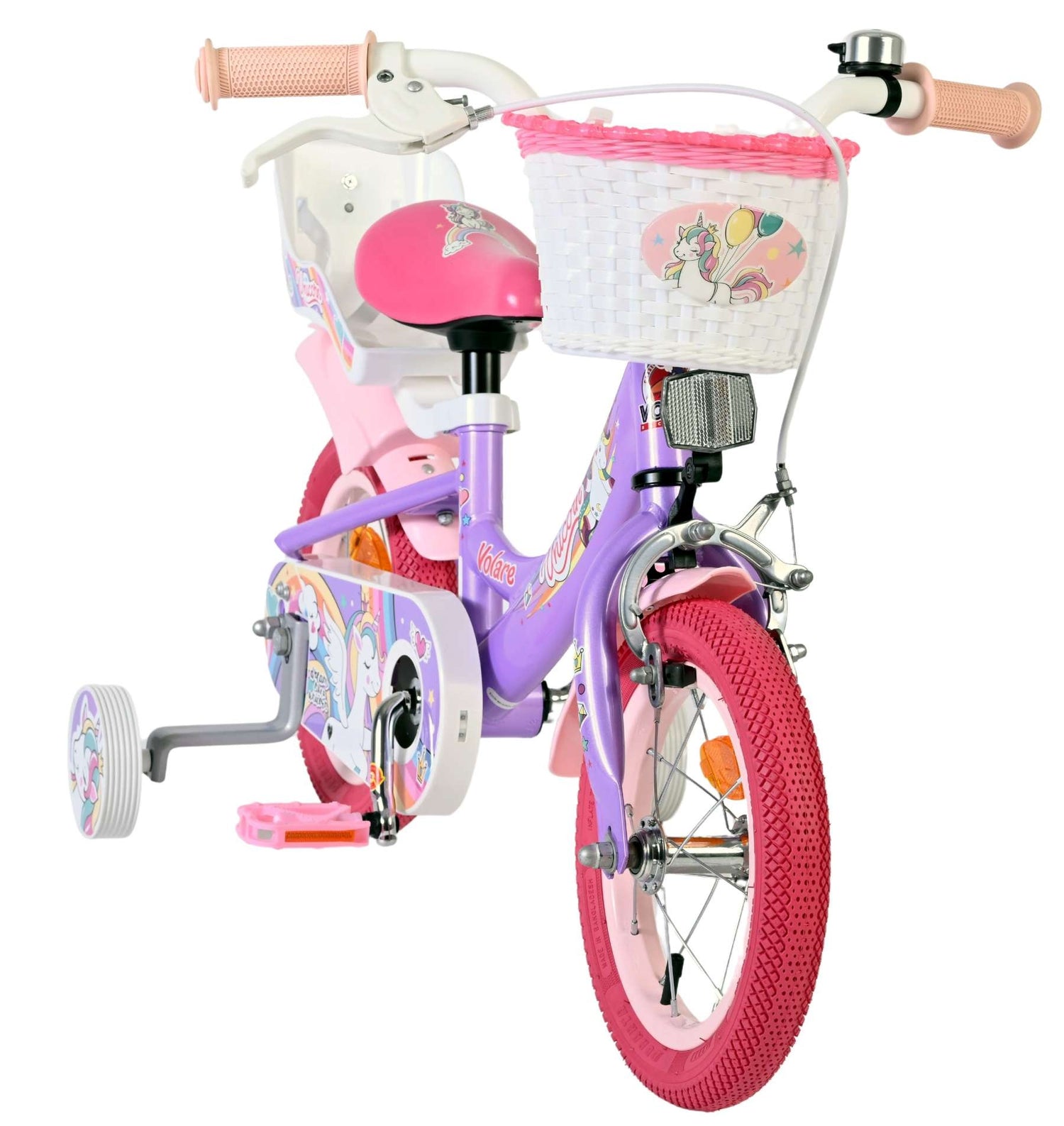 Volare Unicorn Kinderfahrrad Mädchen 12 Zoll – Lila mit Stützrädern, Hand- & Rücktrittbremse, Korb und Puppensitz
