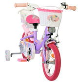 Kinderfahrrad in Lila mit Einhorn-Motiv und Korb vorne