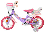 Kinderfahrrad in Lila mit Einhorn-Motiv und Korb vorne